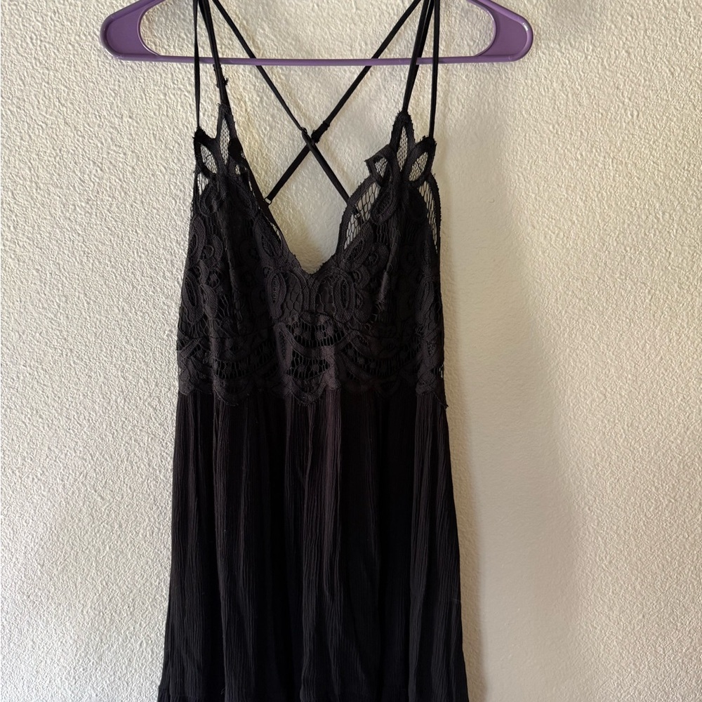 Black Lace-Trim Slip Dress with Crisscross Straps
